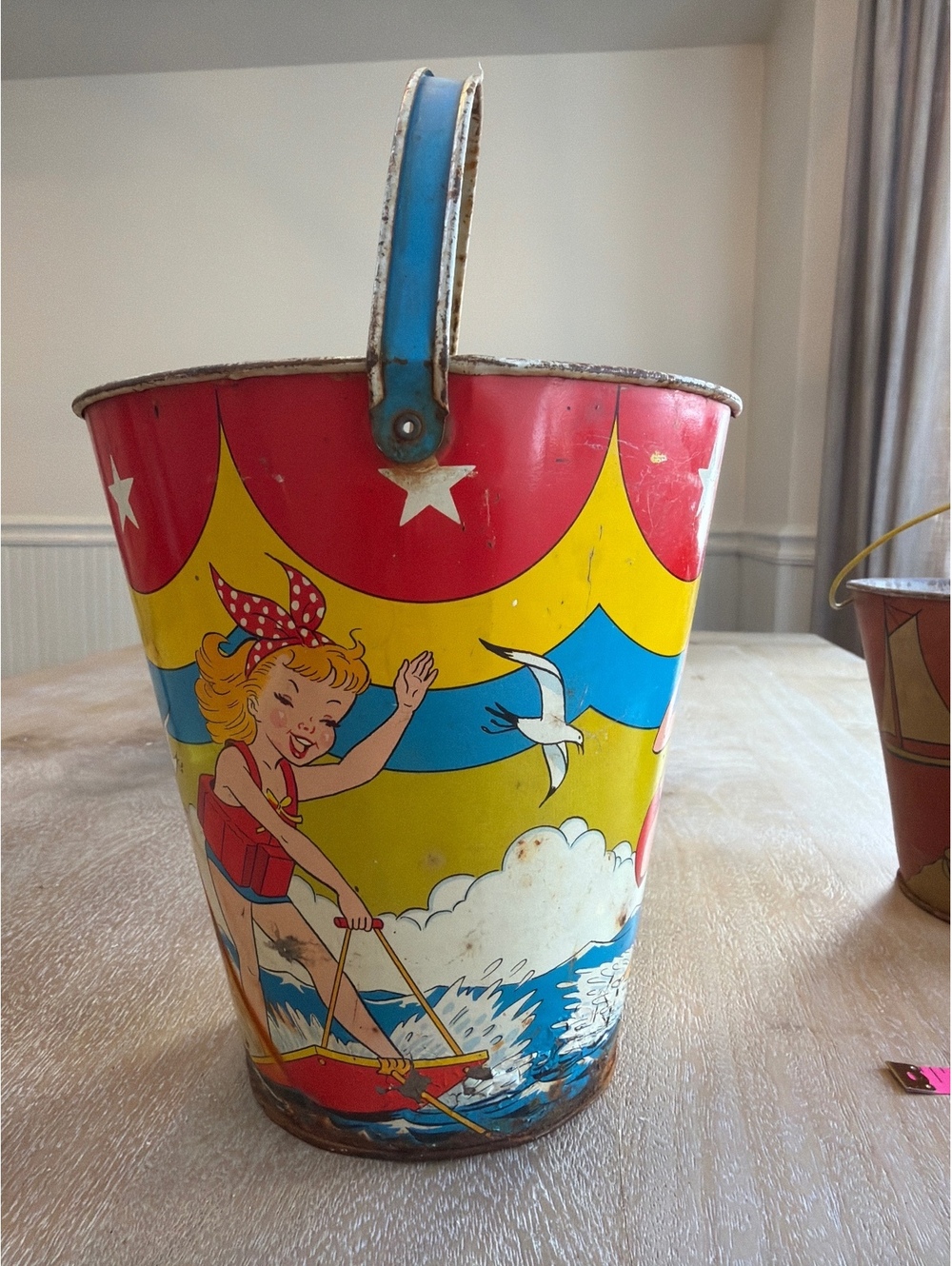 Vintage 1950s Ohio Art LARGE 8" Tin Litho Sand Pail Water Skier Circus Tent